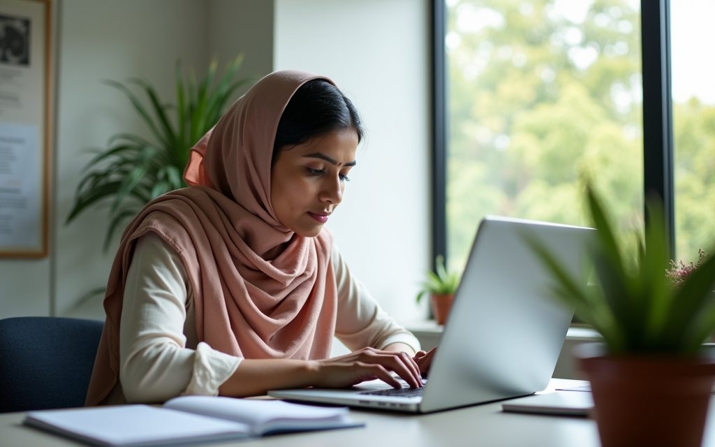 Public health researcher working at a laptop in a bright office with notebooks and a potted plant