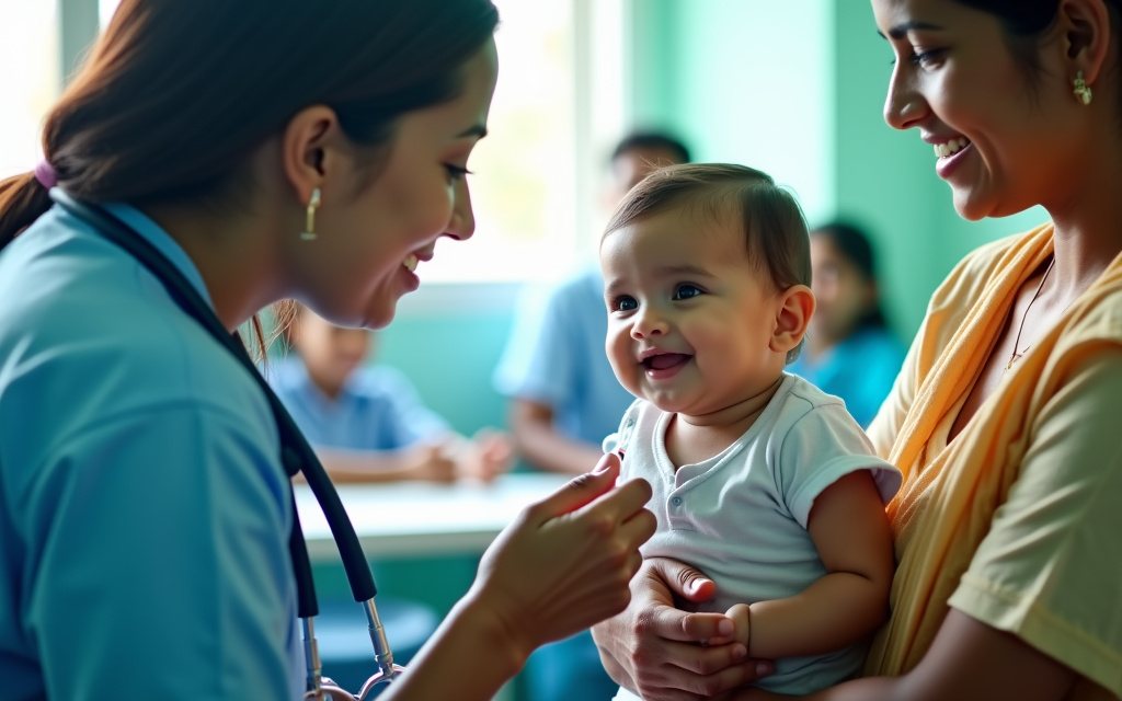 A nurse in a light blue uniform giving an oral vaccine drop to a smiling infant held by the mother in a bright community health clinic
