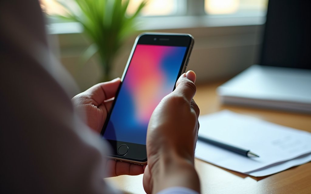 Hands holding a smartphone with a blurred abstract screen above a wooden desk with a folded paper card and a pen