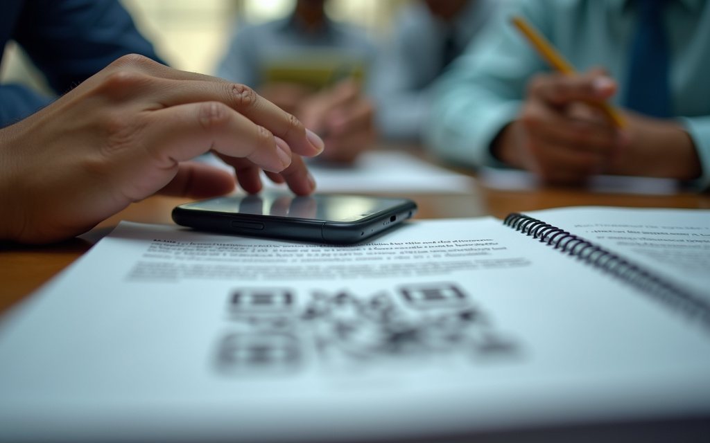 Hands holding a smartphone to scan a QR code on a printed document lying on an office desk, with the screen and paper blurred