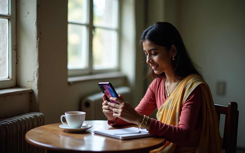 Young Bangladeshi woman at a wooden table at home holding a smartphone with a blurred screen, with a cup of tea and a notebook beside her in soft window light